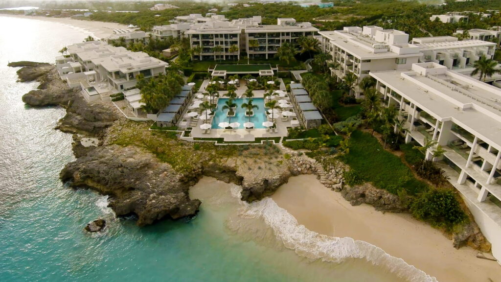 Four Season Anguilla birds eye view shot with ocean and beach range